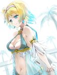  1girl bikini blonde_hair blue_bikini blue_eyes blue_hair breasts character_doll clear_glass_(mildmild1311) closed_mouth commentary_request earrings feh_(fire_emblem_heroes) fire_emblem fire_emblem_heroes fjorm_(fire_emblem) fjorm_(summer)_(fire_emblem) flower gradient_hair hair_flower hair_ornament highres jewelry looking_at_viewer medium_breasts multicolored_hair navel official_alternate_costume short_hair signature smile solo stomach swimsuit two-tone_hair white_flower 
