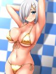  1girl absurdres armpits arms_behind_head bikini blue_eyes breasts checkered_background cleavage commission covered_navel cowboy_shot embarrassed front-tie_bikini_top front-tie_top gold_bikini grey_hair hair_ornament hair_over_one_eye hairclip hamakaze_(kancolle) highres kantai_collection large_breasts pixiv_commission short_hair side-tie_bikini_bottom sofmap_background solo step_and_repeat swimsuit zanntetu 