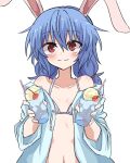  1girl animal_ears bare_shoulders bikini blue_hair collarbone commentary_request cup drinking_straw food hair_between_eyes hair_tie hands_up holding holding_cup ice ice_cream ice_cream_float ice_cube light_blush looking_at_viewer mifutatsu navel ponytail rabbit_ears rabbit_girl red_eyes seiran_(touhou) simple_background smile solo swimsuit touhou twintails white_background 