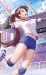  1girl absurdres blue_shorts breasts brown_hair crazy_ones green_eyes gym_uniform highres jumping long_hair medium_breasts midriff_peek navel official_art ponytail red_hair shirt shoes shorts sneakers solo su_xiaoye t-shirt white_shirt 
