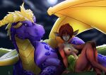  activision clothed clothing dragon duo elora faun_(spyro) female feral fur hair horn humanoid leaning_on_another looking_at_another looking_down male nahadon night purple_body red_body red_fur red_hair spyro spyro_the_dragon topless 