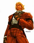  1boy artist_name blonde_hair clenched_hands facial_hair fingerless_gloves formal frown gloves hand_on_own_chest highres looking_at_viewer male_focus muscular muscular_male mustache nishimura_kinu_(style) red_suit rugal_bernstein serious setsuna_kasugano shirt short_hair solo standing suit the_king_of_fighters v-shaped_eyebrows white_background white_shirt 