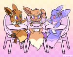  ava_(sweetcupcake) baby bow_ribbon bowl brown_body container cutlery diaper eevee female food friends generation_1_pokemon gracie_(sweetcupcake) group heterochromia hi_res high_chair kitchen_utensils nintendo pokemon pokemon_(species) pukopop purple_body spoon tools trio young 