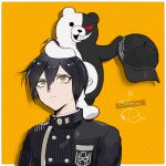  1boy ahoge baseball_cap black_hair black_headwear black_jacket border breast_pocket brown_eyes buttons closed_mouth danganronpa_(series) danganronpa_v3:_killing_harmony double-breasted frown grin hair_between_eyes hat hat_removed headwear_removed holding holding_clothes holding_hat jacket looking_up male_focus monokuma orange_background pocket portrait saihara_shuichi shimada_(dmisx) smile standing_on_shoulder striped striped_background striped_jacket teeth torn_clothes torn_hat white_border 