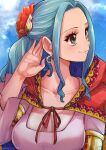  1girl aosora2823 artist_name black_eyes blue_hair closed_mouth cloud cloudy_sky commentary earrings english_commentary flower hair_flower hair_ornament highres hoop_earrings jewelry long_hair looking_to_the_side nefertari_vivi one_piece outdoors red_flower sky smile solo 