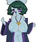  anthro big_breasts blue_body bodily_fluids breasts clothing digital_media_(artwork) female genitals green_hair hair league_of_legends medallion nipples nude null0patience open_mouth purple_eyes pussy riot_games short_stack simple_background solo thick_thighs vex_(lol) wide_hips yordle 