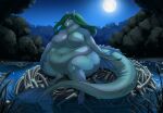  2023 anthro big_breasts biglovealicia blue_body bone breasts cel_shading curvy_figure detailed_background dragon ears_up equid equine female fish_tail green_hair hair hi_res horse huge_belly hybrid kelpie lake long_hair long_tail looking_at_viewer mammal moon morbidly_obese morbidly_obese_female mulitcolored_body night obese obese_female overweight overweight_female partially_submerged plant purple_body purple_eyes shaded signature sitting smile solo swamp tail thick_thighs tree unguligrade 