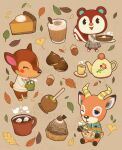  acorn animal_crossing artist_name beau_(animal_crossing) blue_eyes brown_eyes candy_apple chestnut closed_eyes cup cupcake deer dress drink fauna_(animal_crossing) floral_print food ginkgo_leaf highres holding holding_cup horns hot_chocolate leaf marshmallowmug pie pie_slice plaid plaid_dress poppy_(animal_crossing) sharkbooi soup squirrel standing steam sweater teacup teapot watermark 