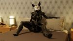  absurd_res anthro bed bedroom canid canine canis changed_(video_game) clothing furniture goo_creature herm hi_res intersex kurolatex latex living_latex looking_at_viewer mammal paws puro_(changed) rubber rubber_clothing rubber_suit solo wolf 