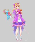  1girl absurdres alternate_costume blonde_hair bow clarine_(fire_emblem) dress fire_emblem fire_emblem:_the_binding_blade hair_bow high_heels highres holding holding_staff looking_at_viewer pink_footwear ponytail purple_dress purple_eyes smile staff tsukimura_(d24f4z8j3t) valentine 