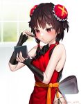  1girl alternate_costume applying_makeup black_gloves blush breasts bridal_garter brown_hair china_dress chinese_clothes double_bun dress fingerless_gloves gloves hair_bun kono_subarashii_sekai_ni_shukufuku_wo! megumin panties red_dress red_eyes short_hair_with_long_locks side-tie_panties sleeveless sleeveless_dress small_breasts smile solo tungsten_(kwfr4544) underwear 