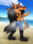  2023 5_fingers anthro badger beach black_hair blue_eyes blush boots bottomwear canid canine canis carrying carrying_another carrying_partner claws clothed clothing digital_drawing_(artwork) digital_media_(artwork) duo facial_markings fan_character female female/female fingers fluffy fluffy_tail footwear fur grey_body grey_fur hair head_markings hi_res jacket leather leather_clothing leather_jacket leather_topwear mammal markings mustelid musteline natttttalina open_mouth orange_body orange_fur outside pants sand sea seaside sega skirt sonic_boom sonic_the_hedgehog_(series) sticks_the_jungle_badger tail tongue topwear water wolf 