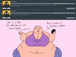  2018 4:3 5_fingers anthro ask_blog batspid2 belly big_belly big_breasts bottomwear breasts cleavage clothed clothing crop_top cutoffs denim denim_clothing dialogue digital_drawing_(artwork) digital_media_(artwork) english_text eyebrows eyelashes female fingers flabby_arms flat_colors frill_(anatomy) head_crest head_frill holding_object huge_breasts juna_(batspid2) lizard membrane_(anatomy) membranous_frill morbidly_obese morbidly_obese_anthro morbidly_obese_female navel obese obese_anthro obese_female overweight overweight_anthro overweight_female pink_background pink_body pink_skin purple_eyes reptile scalie shirt shorts simple_background smile solo text topwear wide_hips 