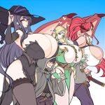  1boy 3girls armpits bag belt black_garter_straps black_gloves black_hair blonde_hair blush breasts bridal_gauntlets cleavage cloak dragon_girl dragon_horns dragon_wings earrings elf embarrassed garter_straps gigantic_breasts gloves green_gloves hand_on_headwear hat heart height_difference holding holding_bag holding_hands horns jewelry lace-trimmed_legwear lace_trim long_hair looking_at_another looking_at_viewer multiple_girls one_eye_closed original pelvic_curtain pointy_ears ponytail puropera_(puropera) purple_nails red_eyes red_hair red_nails simple_background sweatdrop sword thighhighs tiara very_long_hair weapon wings witch 