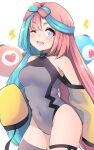  1girl ;d absurdres bare_shoulders blue_eyes blue_hair bow-shaped_hair breasts commentary_request dyson_(edaokunnsaikouya) grey_one-piece_swimsuit grey_thighhighs heart heart-shaped_pupils highres iono_(pokemon) lightning_bolt_symbol looking_at_viewer medium_breasts multicolored_hair one-piece_swimsuit one_eye_closed pink_hair pokemon sharp_teeth simple_background single_thighhigh skindentation smile solo swimsuit symbol-shaped_pupils teeth thighhighs two-tone_hair white_background 