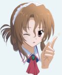  1girl ascot brown_eyes brown_hair folded_ponytail hayate_no_gotoku! highres index_finger_raised lelie_(lelie_link) looking_at_viewer maid maid_headdress maria_(hayate_no_gotoku!) one_eye_closed red_ascot simple_background solo upper_body white_background 