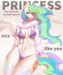  2023 5_fingers absurd_res anthro bikini clothing crop_sweater cutie_mark digital_media_(artwork) english_text equid equine female fingers friendship_is_magic front_view hasbro hi_res horn long_sleeves looking_at_viewer mammal mashiro_sssinohu my_little_pony navel princess_celestia_(mlp) solo sweater swimwear text topwear winged_unicorn wings 