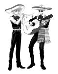  2boys absurdres acoustic_guitar ascot black_nails black_pants black_vest blonde_hair charro daybit_sem_void fate/grand_order fate_(series) full_body guitar highres holding holding_instrument instrument long_hair long_sleeves looking_at_another mariachi multiple_boys music pants playing_instrument sash shirt short_hair shoulder_sash simple_background sunglasses tezcatlipoca_(fate) trumpet u_raida0 vest white_background white_shirt 
