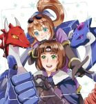  1boy 1girl :d ashton_anchors black_gloves blush brown_hair cape dragon eyewear_on_head gloves green_eyes jo_ro_ri long_hair looking_at_viewer mechanical_arms open_mouth ponytail precis_neumann rabbit single_mechanical_arm smile star_ocean star_ocean_the_second_story white_background 