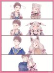  1boy 1girl age_progression animal_ears blonde_hair blush cat_ears chest_jewel couple ear_covers embarrassed grey_hair highres husband_and_wife meidza_d nia_(blade)_(xenoblade) nia_(xenoblade) rex_(xenoblade) smile xenoblade_chronicles_(series) xenoblade_chronicles_2 xenoblade_chronicles_3 xenoblade_chronicles_3:_future_redeemed yellow_eyes 