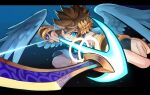  1boy alternate_color angel angel_wings armlet arrow_(projectile) blue_eyes bow_(weapon) brown_hair commission highres holding holding_bow_(weapon) holding_weapon kid_icarus kid_icarus_uprising laurel_crown letterboxed looking_at_viewer male_focus pit_(kid_icarus) scarvii solo super_smash_bros. weapon wings 