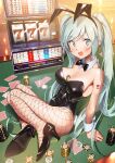  1girl :d animal_ears aqua_eyes aqua_hair ass bare_shoulders between_breasts black_footwear blush body_writing bow bowtie breasts card detached_collar fake_animal_ears fishnets furuyama_itaru hatsune_miku high_heels long_hair looking_at_viewer playboy_bunny playing_card poker_chip poker_table rabbit_tail sitting slot_machine smile solo table tail twintails vocaloid wrist_cuffs yokozuwari 