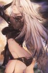  1girl absurdres android ass black_panties blue_eyes breasts from_side gusty10rk hair_between_eyes highres long_hair looking_at_viewer medium_breasts mole mole_under_mouth nier:automata nier_(series) panties solo sword underwear weapon white_hair yorha_type_a_no._2 