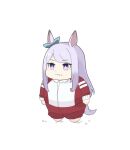  1girl :t animal_ears arms_at_sides chibi closed_mouth ear_bow fat food food_on_face full_body highres horse_ears horse_girl horse_tail jacket long_hair long_sleeves mejiro_mcqueen_(umamusume) nazono77 obese pants purple_eyes red_jacket red_pants solo standing tail tracen_training_uniform track_jacket umamusume winter_uniform 