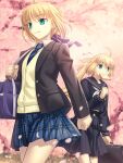 2girls ahoge artoria_caster_(fate) artoria_pendragon_(fate) bag bare_legs black_skirt blonde_hair blue_ribbon blue_tail braid bread buttons checkered_clothes checkered_skirt cherry_blossoms closed_mouth collar eating fate/grand_order fate/stay_night fate_(series) floral_background flower food green_eyes hair_ribbon highres holding holding_bag jacket long_hair long_sleeves multiple_girls pink_flower ribbon saber school_bag school_uniform shirt shoori_(migiha) skirt smile sweater tail tree twintails white_shirt white_tail yellow_sweater 