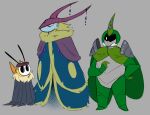  1_horn ambiguous_gender antennae_(anatomy) arthropod bee beetle bug_fables cloak clothing cosplay crossover crossover_cosplay dooblebugs female_(lore) grey_background group hi_res hollow_knight horn hymenopteran insect kabbu_(bug_fables) leif_(bug_fables) lepidopteran male markoth_(hollow_knight) mask moonsprout_games moth simple_background team_cherry the_knight_(hollow_knight) trio vi_(bug_fables) weapon_on_back 