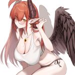  1girl black_panties blush breasts cleavage commentary_request crop_top feathered_wings glasses highres horns isabella_(marse) jewelry kneeling large_breasts long_hair looking_at_viewer marse_(rokudaime) navel necklace original panties pointy_ears red_hair sitting solo underwear wings yellow_eyes 