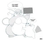  2015 anthro bangabear belly breasts cake cocoa_(cheesecaker) dessert duo fan_character female feral food fur generation_1_pokemon greyscale hair hi_res larger_female male mammal monochrome nintendo nude obese obese_anthro obese_female overweight overweight_anthro overweight_female pikachu pokemon pokemon_(species) raichu rodent size_difference smaller_male smile sparks_(cheesecaker) 