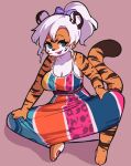  2023 anthro barefoot black_nose breasts brigitte_(shade1111) clothing dress eerieviolet feet felid female fur hair hi_res looking_up mammal navel open_mouth pantherine pawpads smile solo spread_legs spreading striped_body stripes tail tiger white_body white_fur white_hair 
