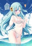  1girl aqua_hair bikini blue_eyes blue_hair blush breasts character_request cleavage cloud copyright_request flower hair_flower hair_ornament highres large_breasts light_blue_hair light_blush long_hair navel ocean open_mouth see-through sky solo stomach surprised swimsuit thighs very_long_hair water yoruhoshi_owl 