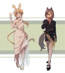  2girls absurdres alternate_costume animal_ears arknights black_dress black_footwear blonde_hair breasts brown_hair chinese_commentary cleavage closed_mouth collarbone commentary_request cup dorothy_(arknights) dress drinking_glass earrings full_body hair_between_eyes hand_on_own_cheek hand_on_own_face hand_up highres holding holding_cup jewelry long_hair long_sleeves looking_at_viewer mouse_ears mouse_tail multiple_girls penance_(arknights) shoes tail white_dress wolf_ears wolf_tail xuanxiaoqingtamia yellow_eyes yellow_footwear 