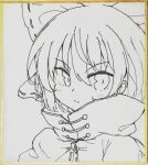  1girl bow cloak closed_eyes commentary_request greyscale hair_bow isu_(is88) looking_at_viewer monochrome sekibanki short_hair solo touhou traditional_media upper_body 