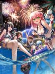  35p_(sakura_miko) 6+girls :d a-chan_(hololive) aerial_fireworks ankimo_(tokino_sora) azki_(hololive) bare_legs barefoot bikini blue_hair breasts brown_hair cleavage colored_inner_hair cup fireworks glasses green_eyes hair_ornament highres holding holding_cup hololive hololive_summer_2023_swimsuit hoshimachi_suisei innertube kintoki_(sakura_miko) kito_koruta large_breasts leaning_forward long_hair medium_breasts multicolored_hair multiple_girls navel night one_side_up pantyhose_under_shorts pink_hair purple_eyes roboco-san sakura_miko short_hair shorts sitting smile squatting stretching swimsuit thigh_strap tokino_sora tree x_hair_ornament 