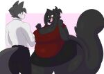  2022 5_fingers allyson_(dewwydarts) anthro belly big_belly big_breasts black_body black_bottomwear black_clothing black_fur black_hair black_pants black_skirt bottomwear breasts businesswear canid canine canis cleavage clothed clothing dew_(dewwydarts) dewwydarts domestic_cat duo felid feline felis female fingers fur grey_body grey_fur grey_hair hair happy hi_res huge_thighs looking_at_another male mammal open_mouth open_smile overweight overweight_anthro overweight_female pants pencil_skirt red_clothing red_topwear shirt simple_background skirt smile standing thick_thighs topwear white_clothing white_shirt white_topwear wide_hips wolf yellow_eyes 