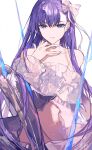  1girl 2023 absurdres bare_shoulders blue_eyes bow collarbone commentary dated detached_sleeves dress english_commentary fate/grand_order fate_(series) fingernails hair_bow highres long_hair looking_at_viewer meltryllis_(fate) nail_polish prosthesis prosthetic_leg purple_hair signature simple_background sitting solo spikes strapless strapless_dress very_long_hair white_background white_bow white_dress white_sleeves yuki_flourish 