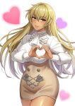  1girl alternate_costume blonde_hair blush breasts commission commissioner_upload cowboy_shot curvy dark-skinned_female dark_skin dress fire_emblem fire_emblem:_the_binding_blade garreg_mach_monastery_uniform heart heart-shaped_boob_challenge heart_hands highres igrene_(fire_emblem) kurokuro100 large_breasts lips long_hair long_sleeves looking_at_viewer mature_female mole mole_under_eye non-web_source school_uniform short_dress simple_background skeb_commission skin_tight smile solo thighs white_background yellow_eyes 