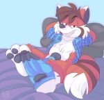  anthro bed bedding blanket blue blue_clothing blue_footwear blue_sock blue_socks canid canine clothed clothing cock_sock footwear fox furniture hi_res male mammal mars penis_clothing pillow removing_socks roarey_raccoon shirt sock_fetish socks socks_removed solo thefandox topwear 