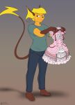  2023 barefoot clothing dress feet generation_1_pokemon halcy0n hi_res holding_clothing holding_dress holding_object looking_aside male nintendo pink_clothing pink_dress pokemon pokemon_(species) raichu shirt simple_background solo standing tail topwear 