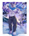  abs anjing_kampuss anthro biceps blue_body blue_fur blue_hair bottomwear clothing felid fur green_eyes hair hi_res looking_at_viewer male mammal muscular muscular_male pantherine pants pecs scarf shirtless_male sky smile snow solo standing striped_body stripes tail teeth tiger 