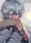  1boy 969gb ahoge animal_ear_fluff animal_ears arknights artist_name bandaid bandaid_on_hand blush closed_mouth commentary_request fur-trimmed_jacket fur_trim grey_eyes grey_hair grey_jacket hair_between_eyes hands_up jacket jaye_(arknights) long_sleeves looking_at_viewer male_focus sleeves_past_wrists solo sweat upper_body wide-eyed 