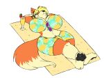  2020 after_transformation animal_crossing anthro audie_(animal_crossing) beverage big_breasts blonde_hair breasts bulge canid canine canis digital_media_(artwork) eyewear fur glasses gynomorph hair intersex lying mammal nintendo orange_body orange_fur pawpads rectangular_glasses robertge simple_background solo sunglasses wide_hips wolf 