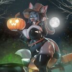  2023 3d_(artwork) anthro big_breasts blender_(software) blue_eyes bra breast_squish breasts canid canine clothed clothing dark_body detailed_background digital_media_(artwork) eyewear female female/female food forest forest_background fruit glasses halloween hat headgear headwear hi_res hilwu holding_object holidays huge_breasts latex legwear looking_at_viewer magic_user mammal nature nature_background open_mouth orilas plant pumpkin reflective_clothing smile solo squish thick_thighs tree underwear wide_hips witch witch_costume witch_hat 