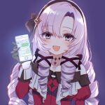  1girl :d bare_shoulders black_ribbon blue_background cellphone collarbone dress drill_hair gloves hair_ribbon highres holding holding_phone hyakumantenbara_salome hyakumantenbara_salome_(1st_costume) nijisanji open_mouth parted_bangs phone purple_eyes purple_hair quadruple_drills red_dress ribbon simple_background smartphone smile solo text_messaging virtual_youtuber yandere 