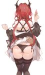  1girl 1other absurdres arknights ass black_panties black_thighhighs clothes_lift food from_behind highres holding holding_food horns ice_cream lolifreak panties red_hair side-tie_panties simple_background skirt skirt_lift surtr_(arknights) tagme thighhighs underwear white_background 