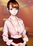  1girl black_skirt blurry blurry_background breasts brown_eyes brown_hair cleavage closed_mouth depth_of_field dytm highres large_breasts looking_at_viewer original own_hands_together partially_unbuttoned sailor_collar shirt shirt_tucked_in short_hair skirt sleeves_rolled_up smile solo white_shirt 