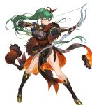  1girl arrow_(symbol) bangs bow_(weapon) breasts earrings fingerless_gloves fire_emblem fire_emblem:_the_blazing_blade fire_emblem_heroes fur_trim gloves gold_trim green_eyes green_hair hair_ornament high_ponytail highres jewelry kakage long_hair lyn_(brave_lady)_(fire_emblem) lyn_(brave_lady)_(resplendent)_(fire_emblem) lyn_(fire_emblem) non-web_source official_art ponytail quiver short_sleeves solo transparent_background weapon 